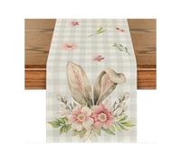 Buffalo Plaid Bunny Rabbit Ears Flower Easter Table Runner, Spring Summer Seasonal Holiday Kitchen Dining Table Decoration for Indoor Outdoor Home Par