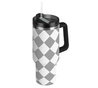 Buffalo Plaid Gris Blanc Bouteille d'eau sous vide à large goulot avec couvercle anti-fuite et paille - Ensemble tasse décorative pour eau, thé glacé ou café - Vaso para te Caliente - 1200 ml