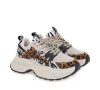 Buffalo Yuno Baskets Chunky, imprimé léopard et zébré, empeigne en maille et fausse fourrure, style années 90, Beige léopard zébré noir, 36 EU