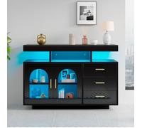 Buffet 120 cm, Buffet bas avec 2 portes 3 tiroirs, Lumineuse LED, Commode, Bahut moderne, Buffet de salon, Armoire de cuisine, Noir