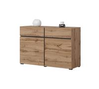 Buffet 120cm coloris chêne et noir collection HAVANA. Bahut design avec 2 portes et 2 tiroirs.