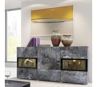 Buffet 130 cm RAMOS - Gris ardoise et noir - LED multicolore intégrée - 2 portes vitrées + 3 tiroirs
