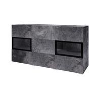 Buffet 130 cm RAMOS - Gris effet ardoise et noir - 2 portes vitrées + 3 tiroirs - Sans LED