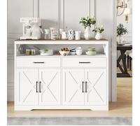 Buffet 140cm Blanc et Bois | Enfilade avec 2 Tiroirs et 2 Portes | Meuble de Rangement pour Salle à Manger