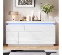 Buffet 140x35x72.5cm - tiroirs laqué brillant - 4 portes - meuble sur pied avec éclairage LED, blanc