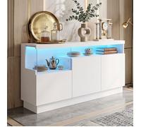 Buffet 140x36x80cm avec LED | Enfilade blanc laqué design soigné | Meuble de rangement avec vitrine acrylique - Blanc
