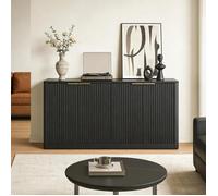 Buffet 150x40x70 5cm - Design Moderne Ondulé avec 4 Portes et Plateau Aspect Bois Chêne - Noir & Naturel