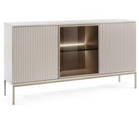 Buffet 154 cm Haller - Pieds en bois, 3 portes, Commode avec lamelles - Eclairage LED - Style loft (Beige)