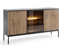Buffet 154 cm Haller - Pieds en bois, 3 portes, Commode avec lamelles - Eclairage LED - Style loft (Chêne Wotan / Noir)