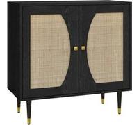 HOMCOM Buffet de Cuisine Meuble de Rangement Design bohème Double Portes avec 2 Niveaux, façade en rotin 80 x 38 x 79 cm Noir