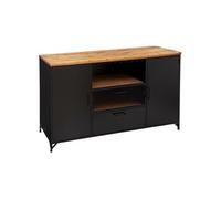 Atmosphera - Buffet Industriel Cierna Noir et Bois - L 140 cm, 2 Portes, Porte-Verres - Meuble de Rangement pour Salon, Salle à Manger