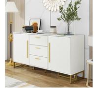 Buffet 2 Portes 3 Tiroirs Design Chevrons Blanc - Meuble De Rangement Élégant Pour Salle À Manger Et Salon 145x40x75cm