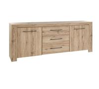 Buffet 2 portes 3 tiroirs finition chêne doré poignées métal gris - ELMER