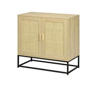 Buffet 2 portes cannage rotin avec étagère piètement acier noir poignées bois pin aspect chêne clair Beige G