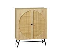 Buffet 2 portes cannage rotin avec étagère piètement métal noir aspect chêne clair