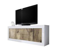 Buffet 2 portes et 2 tiroirs, collection ISORA, coloris blanc laqué brillant et chêne clair