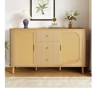 Buffet 2 portes et 3 tiroirs, Bahut, Buffet de salon, Meuble bas de rangement, MDF et cannage en rotin naturel, 140x40x80 cm