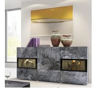 Buffet 2 portes et 3 tiroirs collection RAMOS. Éclairage LED intégré. Coloris gris effet ardoise et noir. 132x70x39 Gris