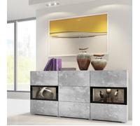 Buffet 2 portes et 3 tiroirs collection RAMOS. Éclairage LED intégré. Coloris gris effet béton et noir. 132x70x39 Gris