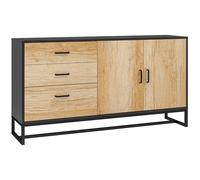 Buffet 2 Portes Étagère 3 Tiroirs Poignées Alu Piètement Acier Noir Effet Bois Noir