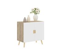 HomCom Buffet 2 portes – poignées bambou, étagère réglable, base surélevée – Blanc et bois naturel