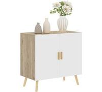 HomCom Buffet 2 portes – poignées bambou, étagère réglable, base surélevée – Blanc et bois naturel