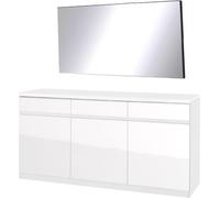 Buffet 3 portes et 3 tiroirs FABIO + miroir, en blanc brillant, pour le salon ou la salle à manger, design contemporain