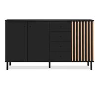 Buffet 3 portes et 4 Tiroirs Noir et Bois - L160 cm