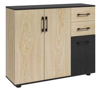 Buffet 3 Portes Étagère 2 Tiroirs Coulissants Aspect Bois Clair Noir Beige
