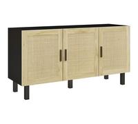 Buffet 3 Portes Style Bohème Chic Cannage En Rotin Panneaux Aspect Bois Clair Noir Noir