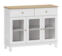 Buffet 3 Portes Vitrées Nervurées 2 Étagères 2 Tiroirs Poignées Métal Doré Blanc Effet Bois Clair