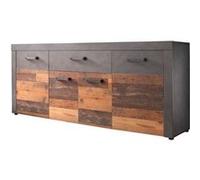 Buffet bas INDY 4 Portes et 1 Tiroir - Mélaminé bois vieilli et gris mat - L 178 x P 40 x H 77 cm