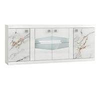 AltoBuy Buffet 4 Portes avec LEDs et Portes centrales vitrées laqué Blanc et Imitation marbre - ETOLIS