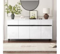 Buffet 4 portes Blanc laqué brillant - Bahut, Commode avec 4 Tiroirs - L 160 x l 40 x H 68