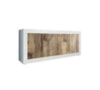 Buffet 4 portes, collection ISORA, coloris blanc et chêne clair, idéal pour un salon ou une salle à manger moderne