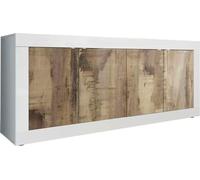 Buffet 4 portes, collection ISORA, couleur blanc et chêne clair, idéal pour un salon ou une salle à manger moderne