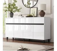 Buffet 4 Portes Laqué Blanc Brillant, Commode 4 Tiroirs, Meuble de Rangement pour Salon Salle à Manger, 160x40x68 cm
