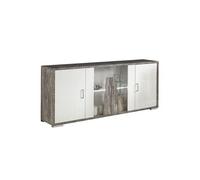 DENYS - Buffet 4 Portes Laqué Blanc et Effet Bois Taupe -