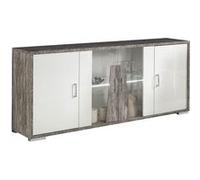 DENYS - Buffet 4 Portes Laqué Blanc et Effet Bois Taupe -