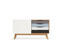 Buffet 4 tiroirs & 1 porte "Avon" 128cm Chêne & Bleu