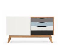 Buffet bas scandinave en bois 4 tiroirs colorées 1 porte coulissante - AVALON