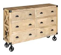 Atmosphera Buffet sur roulettes Silas, bois de manguier 150 x 105 cm, 6 tiroirs, style industriel