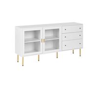 Buffet à 2 Tiroirs avec Vitrine Portes en Verre Pieds Dorés MDF Blanc Milora
