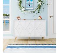 Buffet à 3 portes, élégante armoire avec motif sculpté 3D et pieds en métal doré, armoire de rangement pour couloir, chambre à coucher, armoire de buffet et commode en blanc avec accents dorés, 120 ×