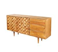 Buffet ARAVIS 145 cm - Bois massif acacia clair sculpté - 2 portes et 3 tiroirs