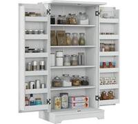 Buffet armoire de cuisine 5 niveaux réglables - 2 portes avec 12 porte-épices - aspect bois blanc cassé Blanc G