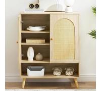 Buffet - Armoire de cuisine à 4 étages avec 2 portes en rotin, compartiment ouvert et étagères réglables - Armoire de buffet - Armoire de rangement - Armoire de buffet en bois - 82 x 100 x 40 cm -