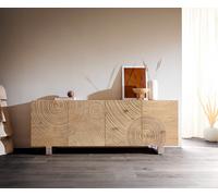 Buffet Ashara 200 cm chêne naturel effet 3D 4 portes patins en acier inoxydable brossé