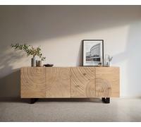Buffet Ashara 200 cm chêne naturel effet 3D 4 portes piètement traîneau métal noir