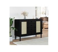 Buffet Aspect de Rotin, Armoire avec 4 Tiroirs et 4 Compartiments, Meuble de Rangement, Organisateur de Salon, Moderne, Noir Bois Massif de Pin